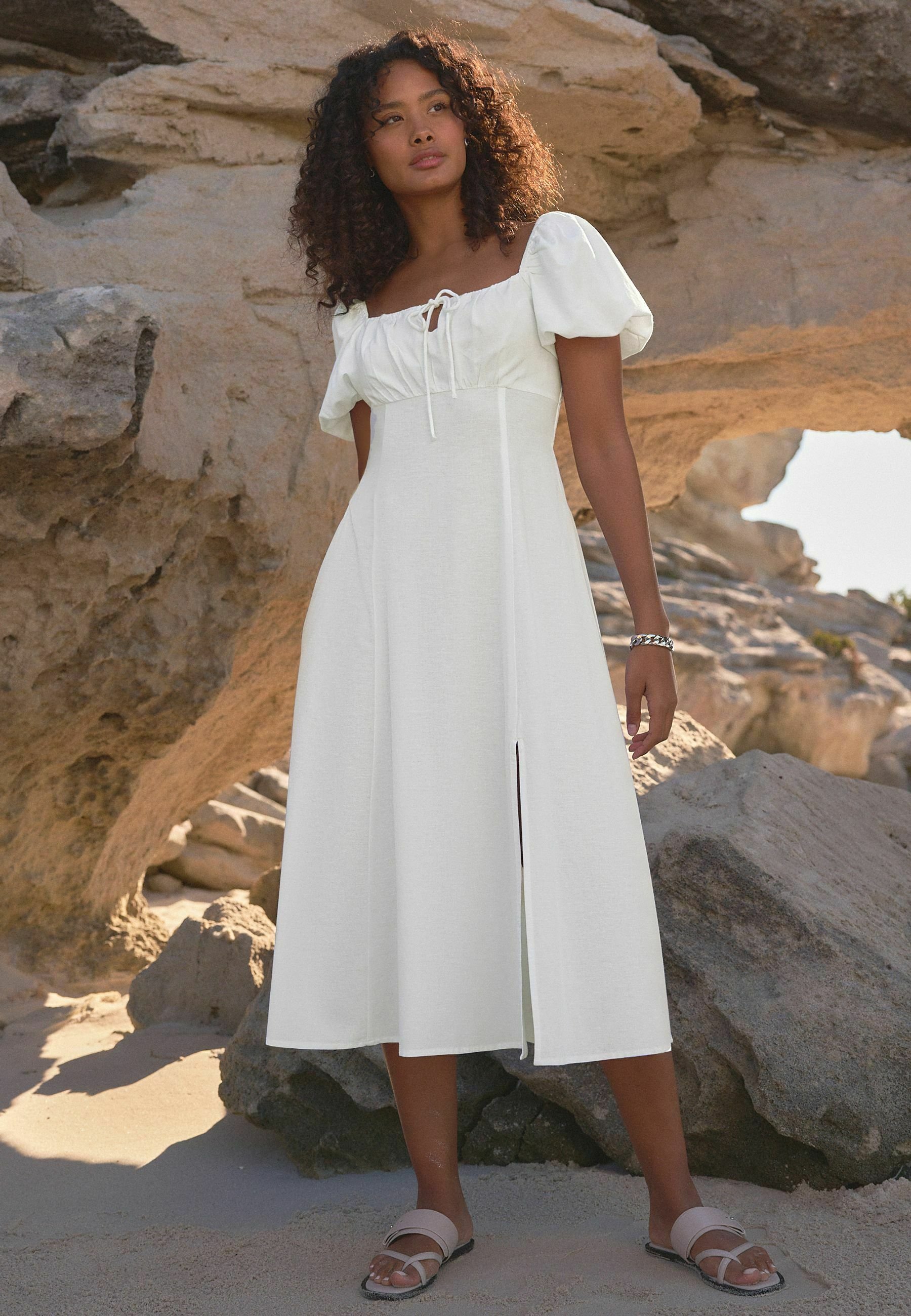 slim fit dress slacks Sia White Puff Sleeve Maxi Dress main image 0