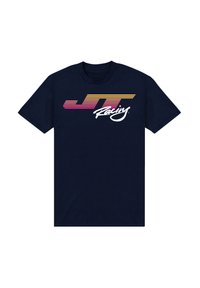 Mörkblå t-shirt i bomull med ett horisontellt mönster av gradientrandar i rosa, orange och gult samt vit text "JT Racing".