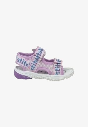 Sandalo aperto da bambino con rete lilla chiaro e cinturini in tessuto con la scritta "stitch", suola bianca con tallone viola testurizzato.