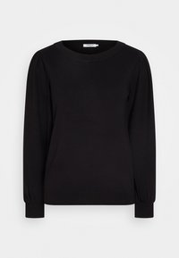 Maglione nero a maniche lunghe con scollo rotondo e maniche arricciate. Realizzato in un tessuto liscio con polsini a costine. Design semplice e in tinta unita.