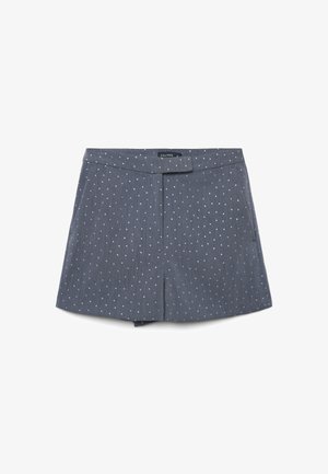 Gray shorts with a textured pattern of small white dots, featuring a flat waistband and side pockets.