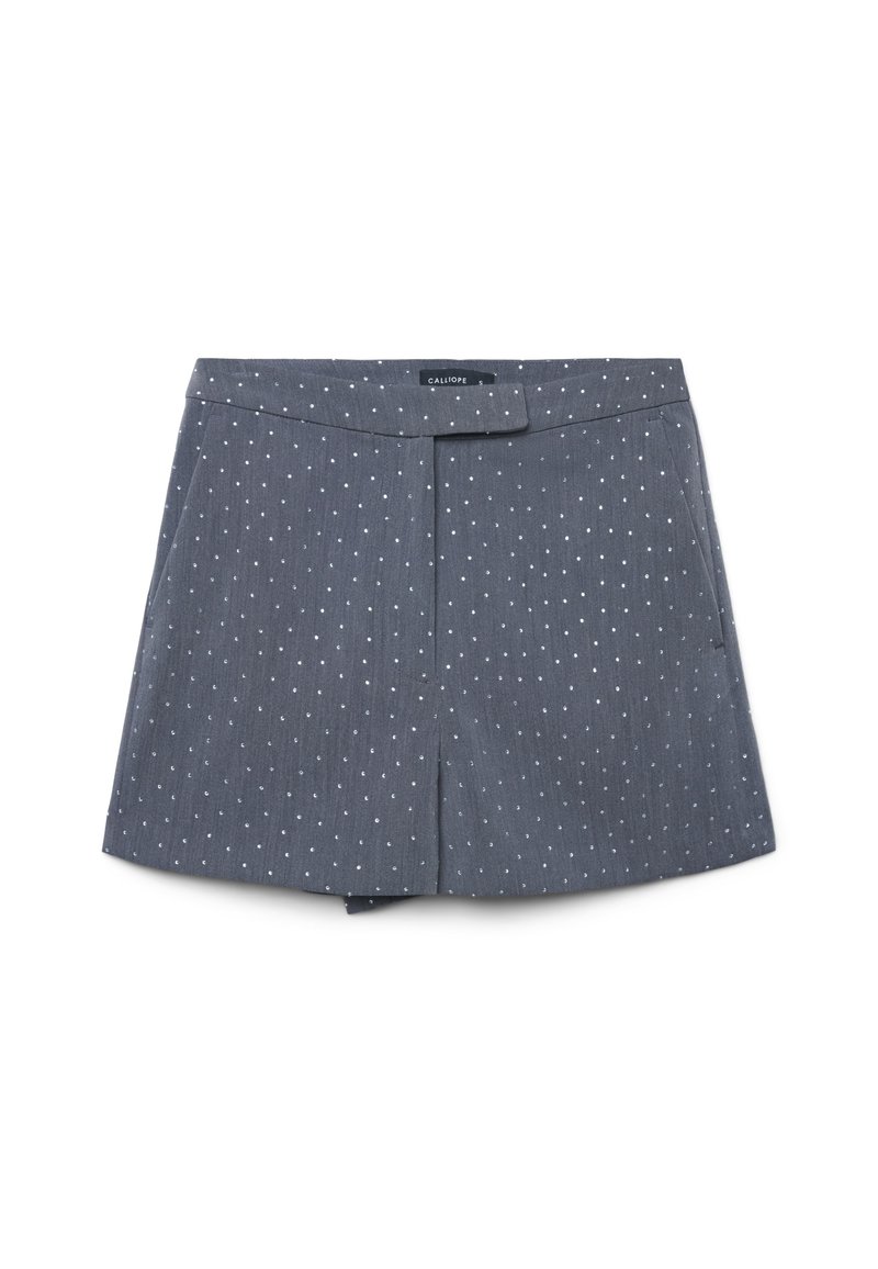 Pantaloni corti grigi con un motivo testurizzato di piccole macchie bianche, dotati di una vita piatta e tasche laterali.