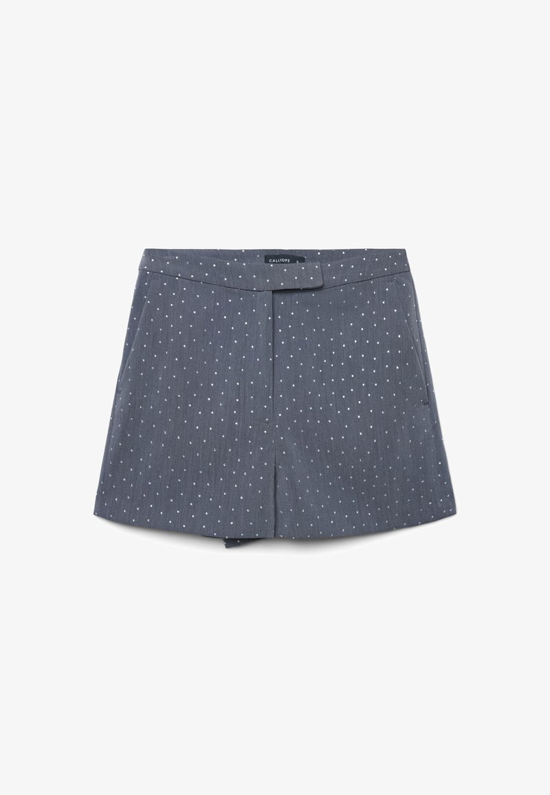 Pantaloni corti grigi con un motivo testurizzato di piccole macchie bianche, dotati di una vita piatta e tasche laterali.
