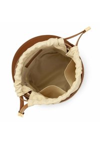 Bruine leren tas met een zachte, beige stoffen voering, voorzien van een trekkoordsluiting en twee binnencompartimenten voor organisatie.