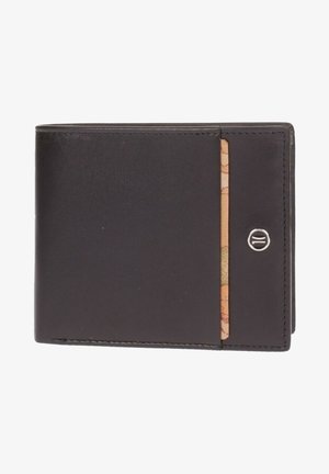 Portafoglio in pelle nera con superficie testurizzata, design slim e uno slot per carte con un sottoposto di una carta decorata. Accento argentato visibile.