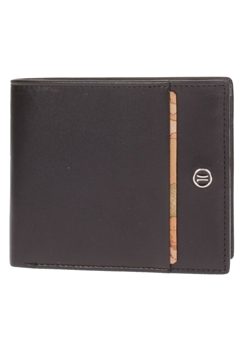 Portafoglio in pelle nera con superficie testurizzata, design slim e uno slot per carte con un sottoposto di una carta decorata. Accento argentato visibile.