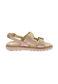 Light pink sandal with adjustable straps, gold buckles, and textured sole. Flat design with open toe and back. Ideal for casual wear.
