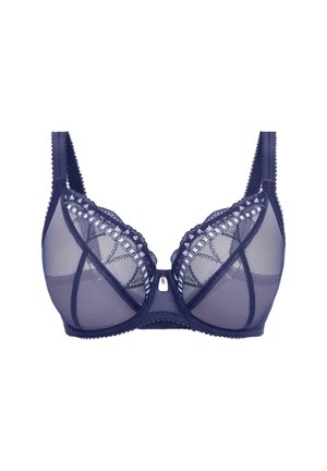 Soutien-gorge bleu marine en dentelle transparente avec un détail brodé, soutien-gorge à armatures, bretelles réglables et un accent décoratif en forme de trou de serrure à l'avant.