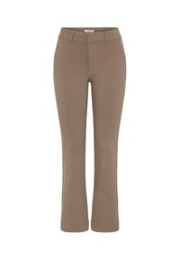 Pantalones rectos marrones con una parte delantera plana, presillas para el cinturón y un dobladillo limpio. La tela parece suave y estructurada, adecuada para el uso casual.
