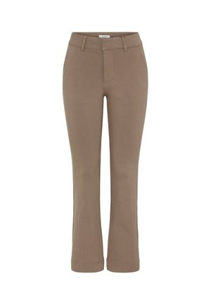 Brūni taisnie bikses ar plakanu priekšpusi, jostas cilpiņām un tīru apakšmalu. Audums izskatās gluds un strukturēts, piemērots ikdienas valkāšanai.