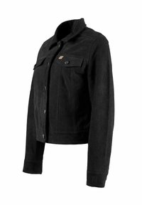 Juodas zomšos švarkas su apykakle, priekinėmis kišenėmis ir spaudžiamais mygtukais. Turi šiek tiek tekstūruotą paviršių ir pritaikytą kirpimą.