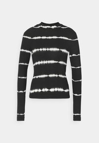 Czarna bluzka z długim rękawem z poziomym, białym wzorem tie-dye, okrągłym dekoltem i dopasowanym krojem. Miękka tkanina o gładkiej fakturze.