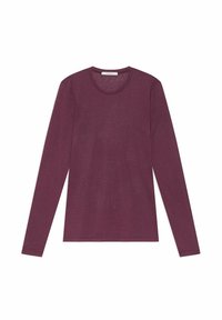 Top a maniche lunghe in bordeaux scuro, scollo rotondo, tessuto morbido ed elasticizzato, senza motivi o ornamenti, design semplice e classico.