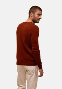 Ein rostfarbener Strickpullover mit Rundhalsausschnitt und langen Ärmeln, der einen gerippten Saum und Bündchen aufweist, getragen über hellen Hosen.