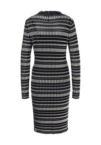 Langärmliges Kleid mit taillierter Silhouette, schwarz-weißem Streifenmuster, geripptem Textil und knielanger Saumlänge.