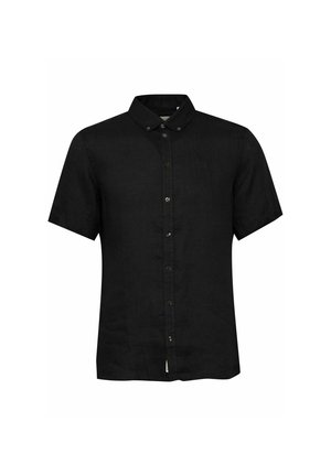 Černá krátká polo tričko z lnu. Klasický límec, zapínání na knoflíky vpředu s kontrastními knoflíky a minimální logo na hrudi.