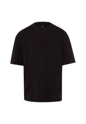 Schwarzes T-Shirt mit kurzen Ärmeln und Rundhalsausschnitt in entspannter Passform, dargestellt auf schlichten weißem Hintergrund.