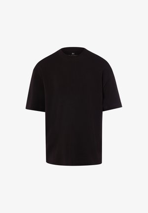 Schwarzes T-Shirt mit kurzen Ärmeln und Rundhalsausschnitt in entspannter Passform, dargestellt auf schlichten weißem Hintergrund.