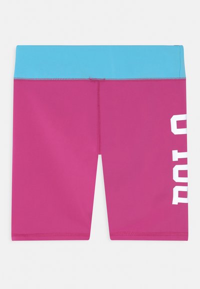 Calções de banho em rosa fluorescente com uma cintura elástica azul-clara e lettering branco do logótipo na lateral. Tecido liso e elástico.