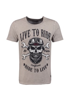 T-shirt beige avec un crâne portant un casque et des lunettes, des clés croisées derrière, et le texte « Live to Ride, Ride to Live, Los Angeles, Californie. »