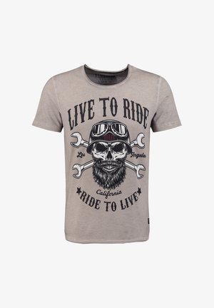 T-shirt beige con teschio che indossa casco e occhiali, chiavi inglesi incrociate sullo sfondo e testo "Live to Ride, Ride to Live, Los Angeles, California."