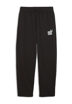 Czarne spodnie dresowe Puma z elastycznym pasem i białym logo Puma z tekstem "Boards and Ink Team" na lewej udzie.