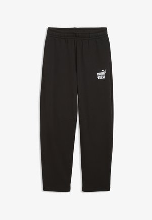 Czarne spodnie dresowe Puma z elastycznym pasem i białym logo Puma z tekstem "Boards and Ink Team" na lewej udzie.