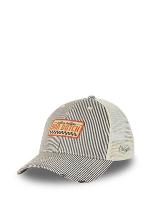 Casquette de baseball rayée beige et marine avec dos en mesh et écusson "Don Dutch" sur le panneau avant.