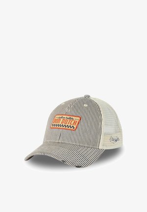 Casquette de baseball rayée beige et marine avec dos en mesh et écusson "Don Dutch" sur le panneau avant.