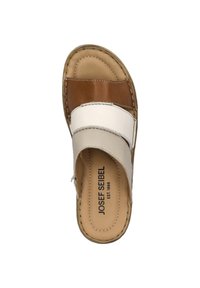 Brown and cream leather slide sandal with two wide straps, stitched detailing, and cushioned insole. Brand name visible on insole.