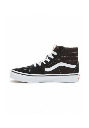 Zapatillas altas negras con cordones blancos y raya lateral, con parte superior de tela texturizada, cuello acolchado y suela de goma blanca.
