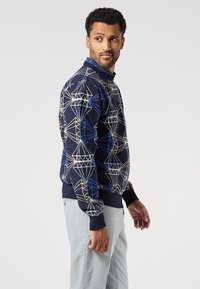 Man wearing a navy sweater with geometric diamond patterns in blue, beige, and white, paired with light grey pants, looking to the side.