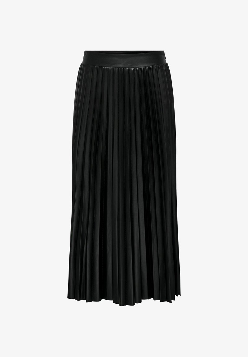 Jupe plissée noire en simili cuir. Dotée d'une taille haute, de plis verticaux et d'un ourlet à mi-genou. Texture lisse et design élégant.