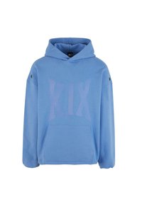 Felpa blu realizzata in morbido tessuto, con un grande logo "K1X" in una tonalità più chiara sul davanti, una tasca a marsupio e cappuccio con cordino.