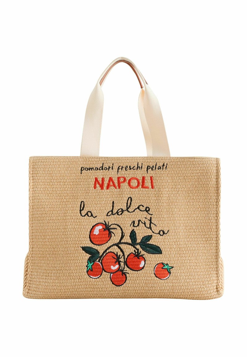 Béžová tkaná taška s grafickým motívom červenej paradajky a textom "pomodori freschi pelati Napoli" v čiernej farbe, s dvoma krémovými uchami.