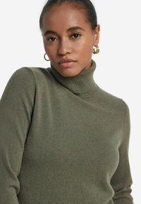 Sweter w kolorze oliwkowym z najwyższym kołnierzem, wykonany z miękkiej, teksturowanej tkaniny; dopasowany fason z prążkowanym kołnierzykiem. Cechuje się ciepłym kolorem i dopasowanym krojem.