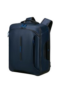 Sac à dos bleu marine en matériau synthétique, avec des bretelles rembourrées, des compartiments zippés et des accents bleus contrastants.