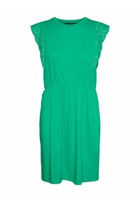 Zelené bavlněné šaty s krátkými, vroubkovanými rukávy, které mají detaily z otvorů, elastickým pasem a volným, splývavým sukní.