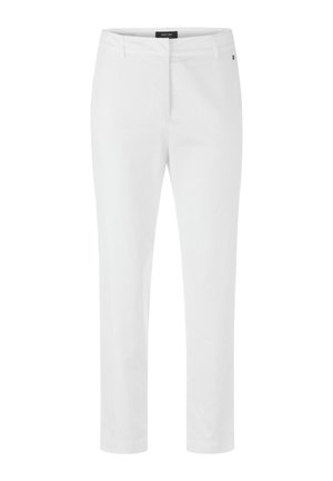 Weiße, schmal geschnittene Hose mit Gürtelschlaufen, Frontreißverschluss und Seitentaschen, aus glattem Stoff.