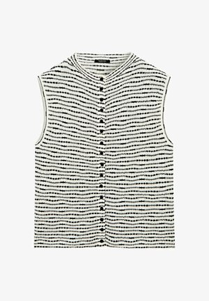 Ärmelloses Stricktop mit schwarzen horizontalen gepunkteten Streifen auf weißem Hintergrund und schwarzen Knöpfen in der Mitte vorne.