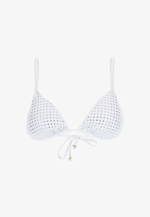 White triangle bikini top with silver studs, adjustable straps, and a tie closure at the back, featuring metallic triangle accents.