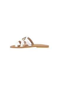 Hvide slidesandaler med tre stropper og en guldfarvet detalje. Glat syntetisk materiale og en flad tan sål. Simpelt design velegnet til afslappet påklædning.