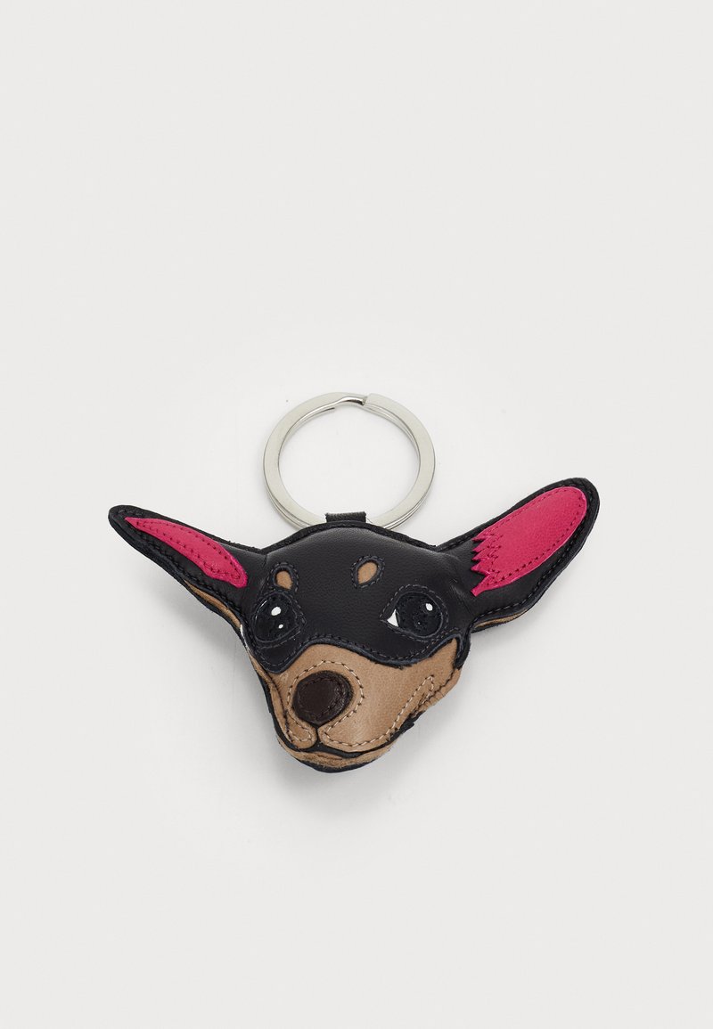 Δερμάτινο μπρελόκ σε σχήμα κεφαλιού σκύλου, με μαύρες, καφέ και ροζ λεπτομέρειες, καλοραμμένο και με μεταλλική προσάρτηση για τα κλειδιά.