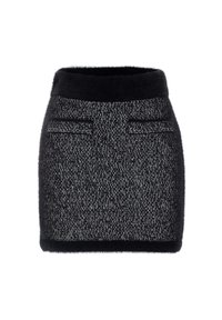 Svart och grå tweed mini kjol med en svart fluffig midja, med två framfickor och en strukturerad siluett.