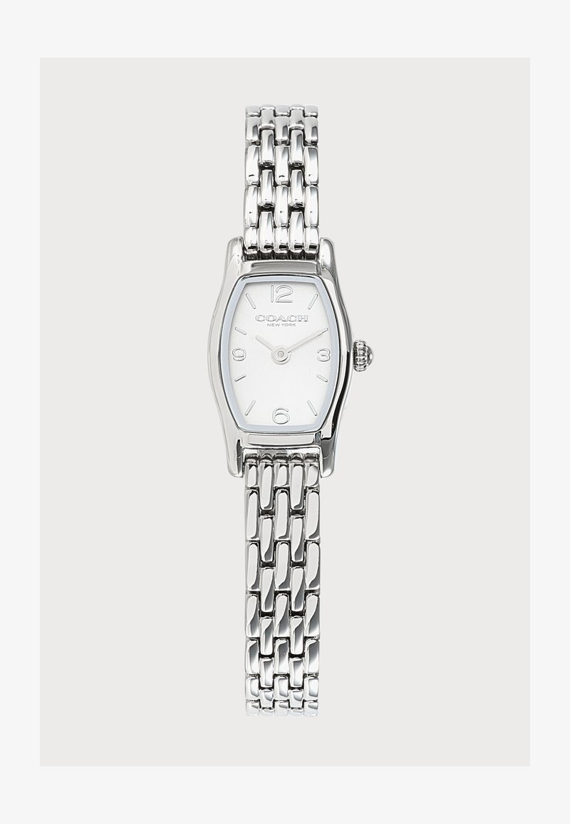 Montre-bracelet Coach argentée avec un cadran blanc rectangulaire, des index des heures argentés et un bracelet métallique à maillons.