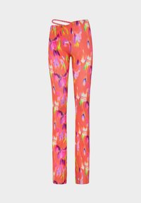 Pantaloni colorati rosa-arancio con motivi floreali astratti in vivace viola e verde. Realizzati in tessuto leggero con vita regolabile.