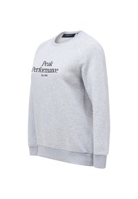 Grå sweater med lange ærmer, rund halsudskæring og ribbede manchetter. Har "Peak Performance" tekst og "Est. 1986" broderet i sort.