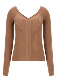 Brun ribbad långärmad topp med V-ringning och subtila vertikala sömmar. Har en formsydd passform och en liten logotypsaccent vid fållen.