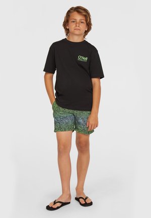 Zwarte T-shirt met korte mouwen en groen logo, gecombineerd met groene en blauwe gestreepte shorts. Model draagt zwarte teenslippers en staat tegen een witte achtergrond.