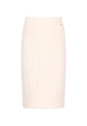 Krém színű kötött szoknya, amely kábelmintás, testhez simuló fazonú és bordázott derékpánttal rendelkezik. Nincsenek látható fémrészek vagy díszítések. Sima textúra.